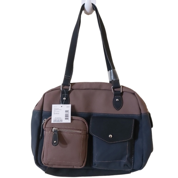 Soft Faux Leather Small Navy Blue Black Tan Colorblock Utility Handbag Purse - Picture 1 of 11